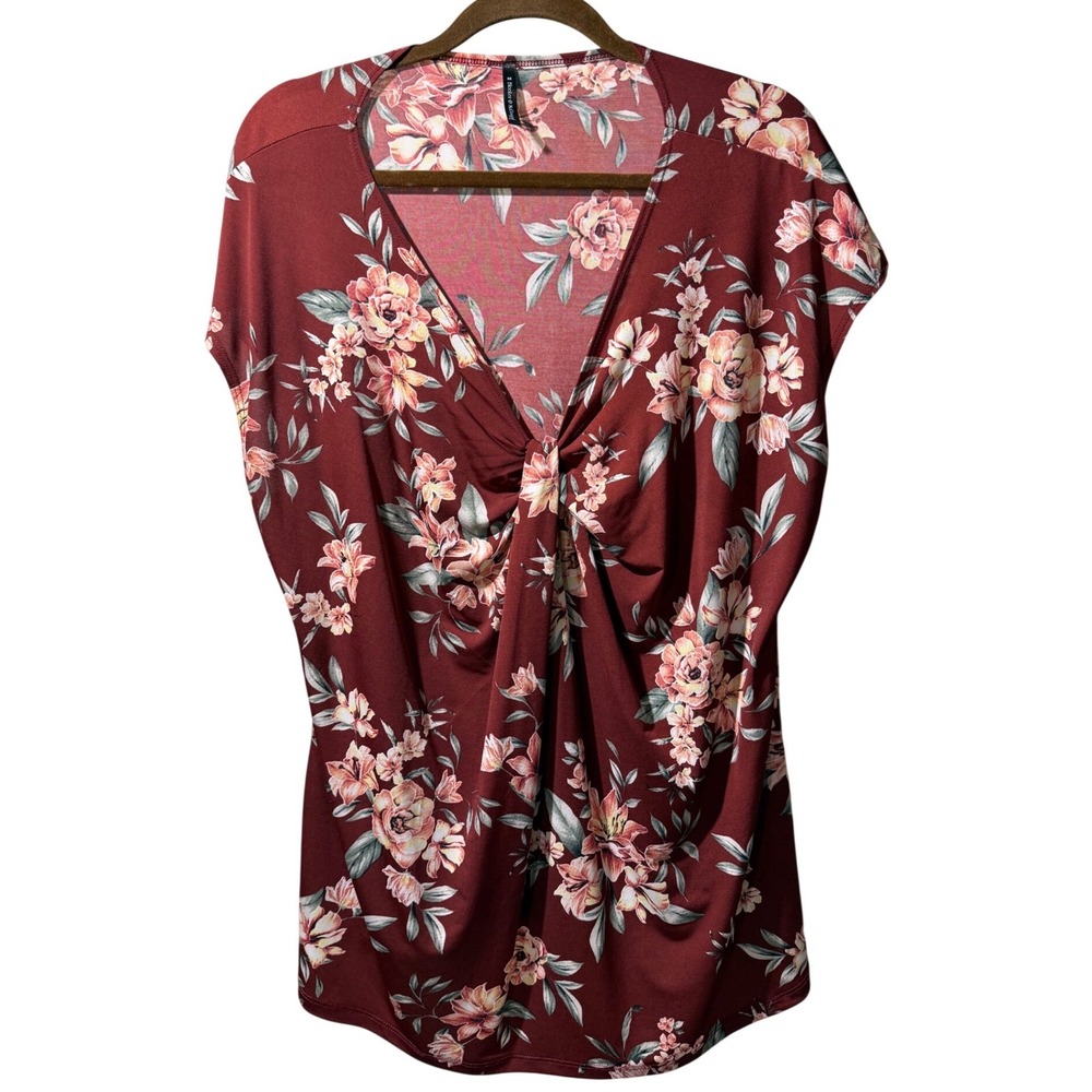 Bleecker & McDougal Womens 3X Burgundy Floral Twist Front V-Neck Cap Sleeve Top